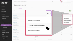 Document center in Xello with the Matched tab open. Cursor is clicking on the three dot icon for a student and is selecting Upload new document
